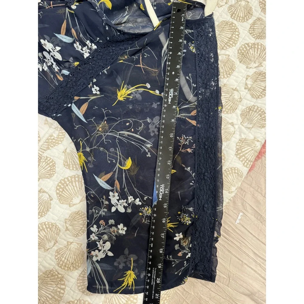 Before You Collection Navy‎ Blue Floral Chiffon Kimono Lace Trim Festival Layer